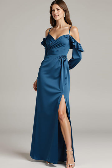 Dark Blue Satin Cold Shoulder Sheath Maxi Evening Dress